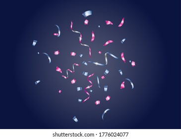Confetti, serpentine. Blue and pink metallic gradient. Festive background, design for cards, invitations. Abstract texture on a blue background. Design element. Vector illustration, eps 10.