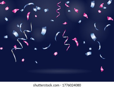 Confetti, serpentine. Blue and pink metallic gradient. Festive background, design for cards, invitations. Abstract texture on a blue background. Design element. Vector illustration, eps 10.