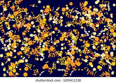 Confetti and serpentine, bright colorful background, cute and fun decoration. Vector illustration for celebration, party, carnival, festive holiday. Dark blue background. Design for cards, invitations