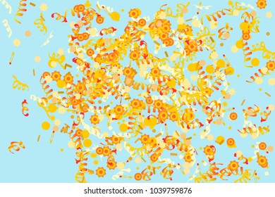 Confetti and serpentine, bright colorful background, cute and fun decoration. Vector illustration for celebration, party, carnival, festive holiday. Pastel background. Design for cards, invitations