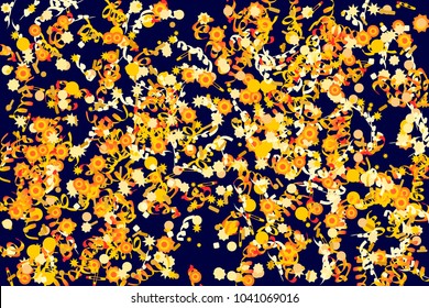 Confetti and serpentine, bright colorful background, cute and fun decoration. Vector illustration for celebration, party, carnival, festive holiday. Dark blue background. Design for cards, invitations