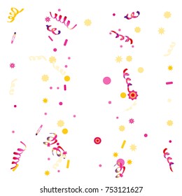 Confetti and serpentine, bright colorful background, cute and fun decoration. Vector illustration for celebration, party, carnival, festive holiday. Design for cards, invitations