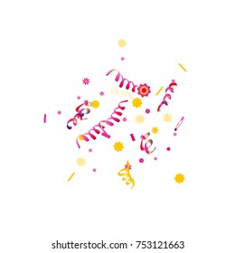 Confetti and serpentine, bright colorful background, cute and fun decoration. Vector illustration for celebration, party, carnival, festive holiday. Design for cards, invitations