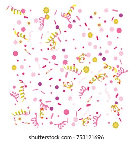 Confetti and serpentine, bright colorful background, cute and fun decoration. Vector illustration for celebration, party, carnival, festive holiday. Design for cards, invitations