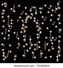 Confetti and serpentine, bright colorful background, cute and fun decoration. Vector illustration for celebration, party, carnival, festive holiday. Black background. Design for cards, invitations