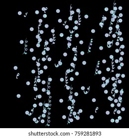 Confetti and serpentine, bright colorful background, cute and fun decoration. Vector illustration for celebration, party, carnival, festive holiday. Black background. Design for cards, invitations