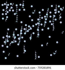 Confetti and serpentine, bright colorful background, cute and fun decoration. Vector illustration for celebration, party, carnival, festive holiday. Black background. Design for cards, invitations