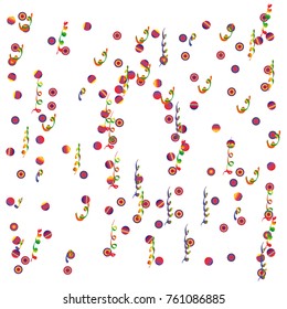Confetti and serpentine, bright colorful background, cute and fun decoration. Vector illustration for celebration, party, carnival, festive holiday. Design for cards, invitations