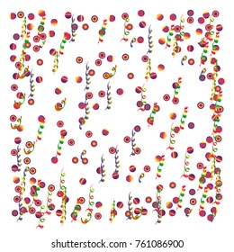 Confetti and serpentine, bright colorful background, cute and fun decoration. Vector illustration for celebration, party, carnival, festive holiday. Design for cards, invitations