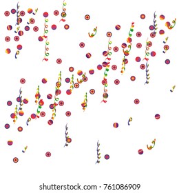 Confetti and serpentine, bright colorful background, cute and fun decoration. Vector illustration for celebration, party, carnival, festive holiday. Design for cards, invitations