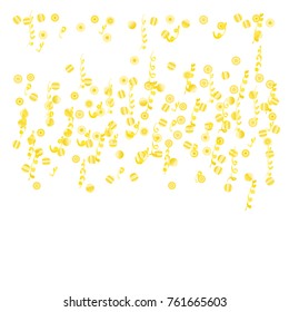 Confetti and serpentine, bright colorful background, cute and fun decoration. Vector illustration for celebration, party, carnival, festive holiday. Design for cards, invitations