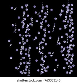 Confetti and serpentine, bright colorful background, cute and fun decoration. Vector illustration for celebration, party, carnival, festive holiday. Black background. Design for cards, invitations