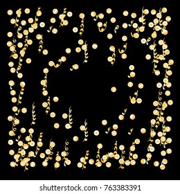 Confetti and serpentine, bright colorful background, cute and fun decoration. Vector illustration for celebration, party, carnival, festive holiday. Black background. Design for cards, invitations