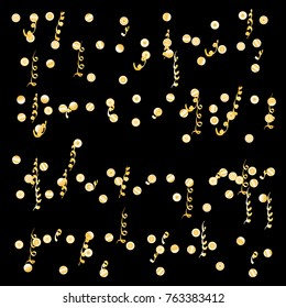 Confetti and serpentine, bright colorful background, cute and fun decoration. Vector illustration for celebration, party, carnival, festive holiday. Black background. Design for cards, invitations