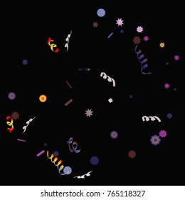 Confetti and serpentine, bright colorful background, cute and fun decoration. Vector illustration for celebration, party, carnival, festive holiday. Black background. Design for cards, invitations
