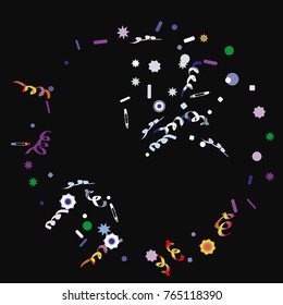 Confetti and serpentine, bright colorful background, cute and fun decoration. Vector illustration for celebration, party, carnival, festive holiday. Black background. Design for cards, invitations