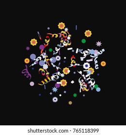 Confetti and serpentine, bright colorful background, cute and fun decoration. Vector illustration for celebration, party, carnival, festive holiday. Black background. Design for cards, invitations