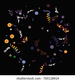 Confetti and serpentine, bright colorful background, cute and fun decoration. Vector illustration for celebration, party, carnival, festive holiday. Black background. Design for cards, invitations