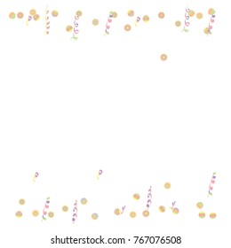 Confetti and serpentine, bright colorful background, cute and fun decoration. Vector illustration for celebration, party, carnival, festive holiday. Design for cards, invitations