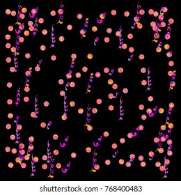 Confetti and serpentine, bright colorful background, cute and fun decoration. Vector illustration for celebration, party, carnival, festive holiday. Design for cards, invitations