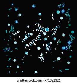 Confetti and serpentine, bright colorful background, cute and fun decoration. Vector illustration for celebration, party, carnival, festive holiday. Design for cards, invitations. Black background