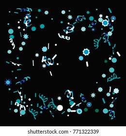 Confetti and serpentine, bright colorful background, cute and fun decoration. Vector illustration for celebration, party, carnival, festive holiday. Design for cards, invitations. Black background