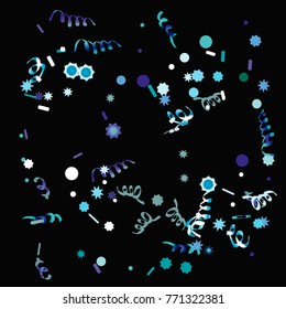 Confetti and serpentine, bright colorful background, cute and fun decoration. Vector illustration for celebration, party, carnival, festive holiday. Design for cards, invitations. Black background