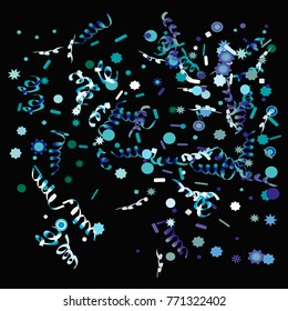Confetti and serpentine, bright colorful background, cute and fun decoration. Vector illustration for celebration, party, carnival, festive holiday. Design for cards, invitations. Black background