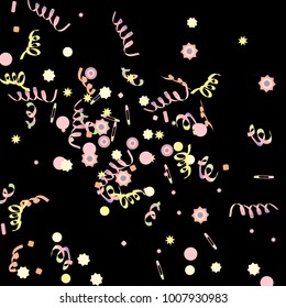 Confetti and serpentine, bright rainbow colored background. Colorful dots. Black background. Isolated confetti for party in cool colors. Vector illustration for celebration, party, festive, holiday