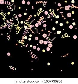 Confetti and serpentine, bright rainbow colored background. Colorful dots. Black background. Isolated confetti for party in cool colors. Vector illustration for celebration, party, festive, holiday