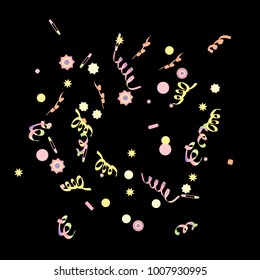 Confetti and serpentine, bright rainbow colored background. Colorful dots. Black background. Isolated confetti for party in cool colors. Vector illustration for celebration, party, festive, holiday