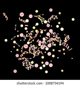 Confetti and serpentine, bright rainbow colored background. Colorful dots. Black background. Isolated confetti for party in cool colors. Vector illustration for celebration, party, festive, holiday