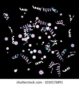 Confetti and serpentine, bright rainbow colored background. Colorful dots. Black background. Isolated confetti for party in cool colors. Vector illustration for celebration, party, festive, holiday