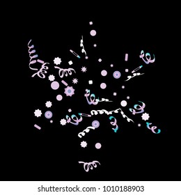 Confetti and serpentine, bright rainbow colored background. Colorful dots. Black background. Isolated confetti for party in cool colors. Vector illustration for celebration, party, festive, holiday