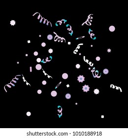 Confetti and serpentine, bright rainbow colored background. Colorful dots. Black background. Isolated confetti for party in cool colors. Vector illustration for celebration, party, festive, holiday