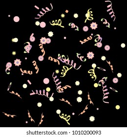 Confetti and serpentine, bright rainbow colored background. Colorful dots. Black background. Isolated confetti for party in cool colors. Vector illustration for celebration, party, festive, holiday