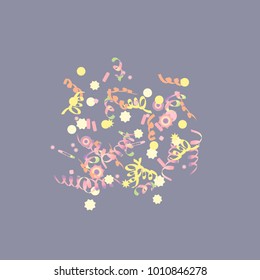 Confetti and serpentine, bright rainbow colored background.Colorful dots.Gentle grey background. Isolated confetti for party in cool colors.Vector illustration for celebration, party, festive,holiday