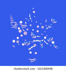 Confetti and serpentine, bright rainbow colored background.Colorful dots.Gentle grey background. Isolated confetti for party in cool colors.Vector illustration for celebration, party, festive,holiday