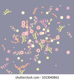 Confetti and serpentine, bright rainbow colored background.Colorful dots.Gentle grey background. Isolated confetti for party in cool colors.Vector illustration for celebration, party, festive,holiday