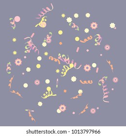 Confetti and serpentine, bright rainbow colored background.Colorful dots.Gentle grey background. Isolated confetti for party in cool colors.Vector illustration for celebration, party, festive,holiday