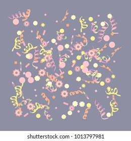 Confetti and serpentine, bright rainbow colored background.Colorful dots.Gentle grey background. Isolated confetti for party in cool colors.Vector illustration for celebration, party, festive,holiday