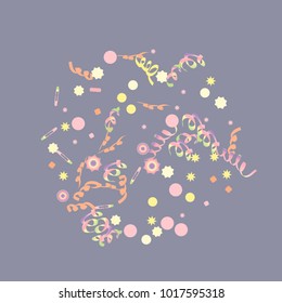 Confetti and serpentine, bright rainbow colored background.Colorful dots.Gentle grey background. Isolated confetti for party in cool colors.Vector illustration for celebration, party, festive,holiday