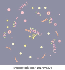 Confetti and serpentine, bright rainbow colored background.Colorful dots.Gentle grey background. Isolated confetti for party in cool colors.Vector illustration for celebration, party, festive,holiday