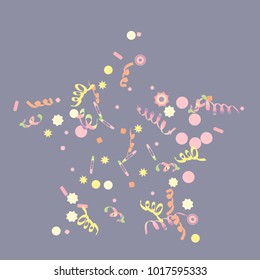Confetti and serpentine, bright rainbow colored background.Colorful dots.Gentle grey background. Isolated confetti for party in cool colors.Vector illustration for celebration, party, festive,holiday