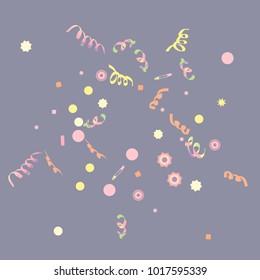 Confetti and serpentine, bright rainbow colored background.Colorful dots.Gentle grey background. Isolated confetti for party in cool colors.Vector illustration for celebration, party, festive,holiday