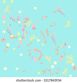 Confetti and serpentine, bright rainbow colored background.Colorful dots.Gentle grey background. Isolated confetti for party in cool colors.Vector illustration for celebration, party, festive,holiday
