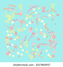 Confetti and serpentine, bright rainbow colored background.Colorful dots.Gentle grey background. Isolated confetti for party in cool colors.Vector illustration for celebration, party, festive,holiday