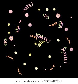 Confetti and serpentine, bright rainbow colored background. Colorful dots. Black background. Isolated confetti for party in cool colors. Vector illustration for celebration, party, festive, holiday