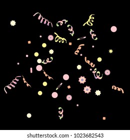 Confetti and serpentine, bright rainbow colored background. Colorful dots. Black background. Isolated confetti for party in cool colors. Vector illustration for celebration, party, festive, holiday