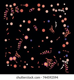 Confetti and serpentine. A bright rainbow colored confetti background. Colorful watercolor dots. Square border frame with sparse spots. confetti pattern for party in cool colors. Vector illustration 